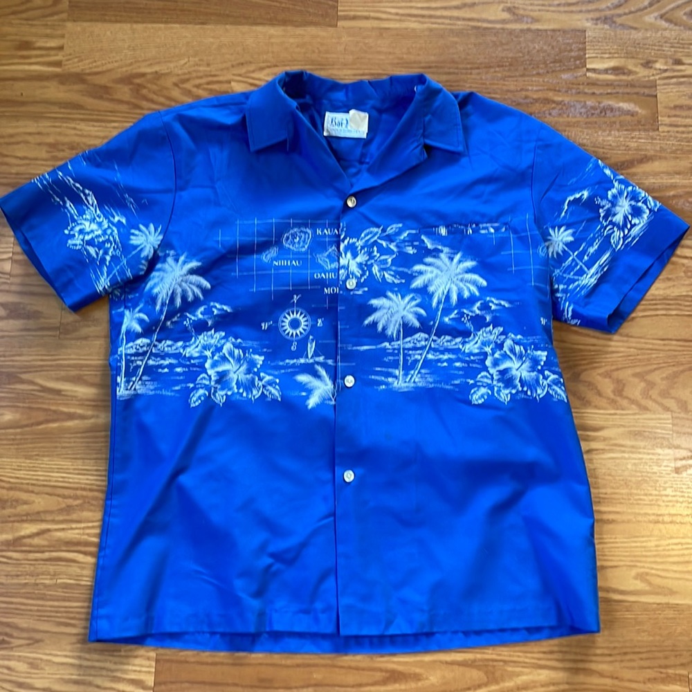 Vintage Blue Hawaiian Map‎ Floral Short Sleeve Shirt XL Tropical Vacation Cruise